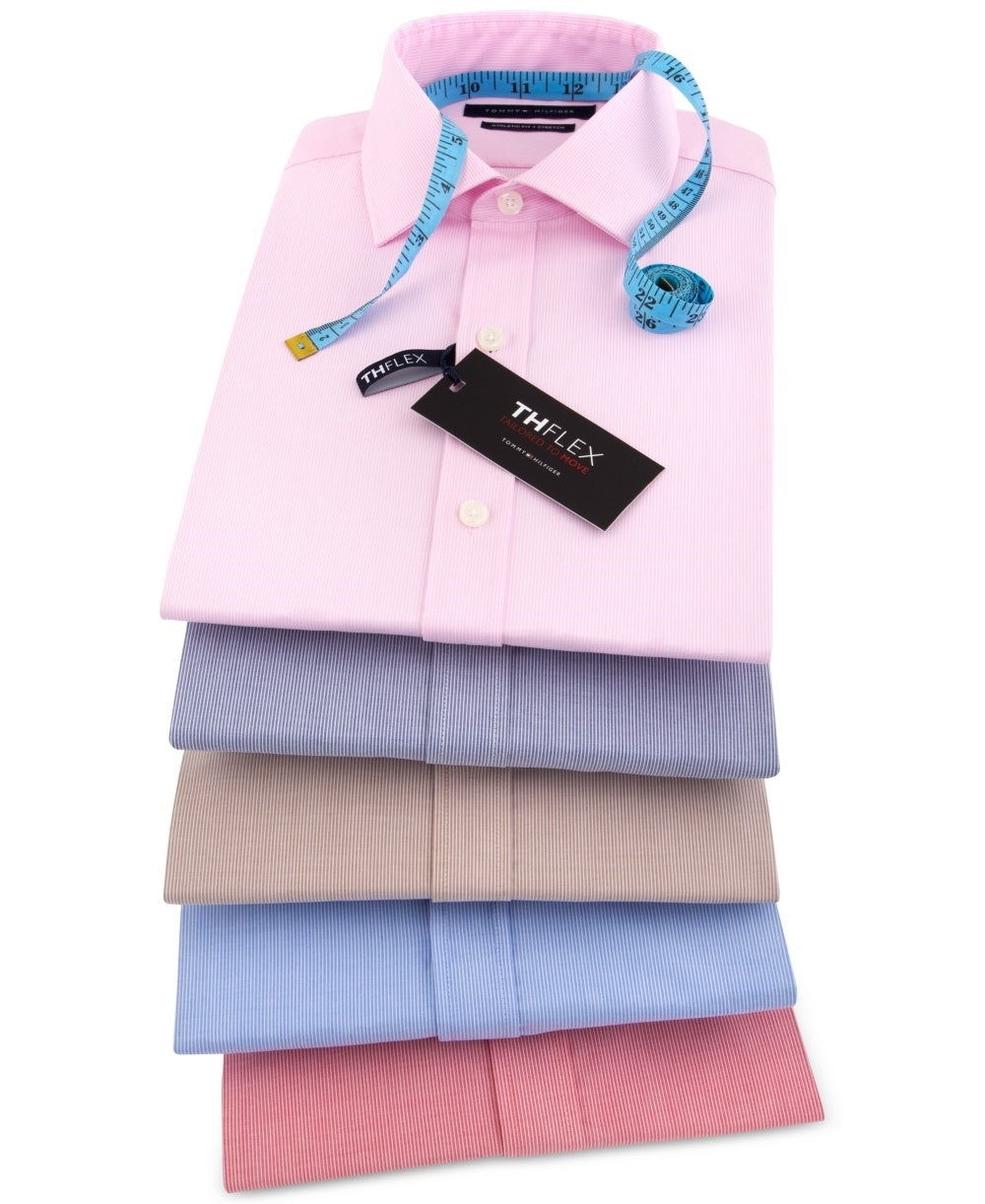 Camisa social masculina Tommy Hilfiger com ajuste atlético elástico rosa 16,5 x 36-37