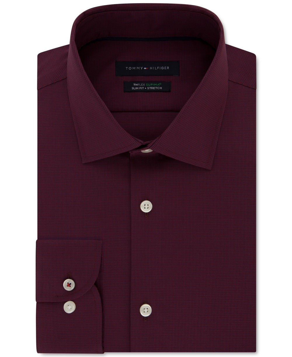 Camisa social masculina Tommy Hilfiger Slim Fit, sem passar a ferro, com estampa elástica, xadrez, vermelha, tamanho 16,5 x 36-37
