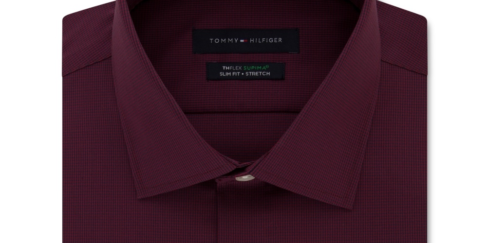 Camisa social masculina Tommy Hilfiger Slim Fit, sem passar a ferro, com estampa elástica, xadrez, vermelha, tamanho 16,5 x 36-37