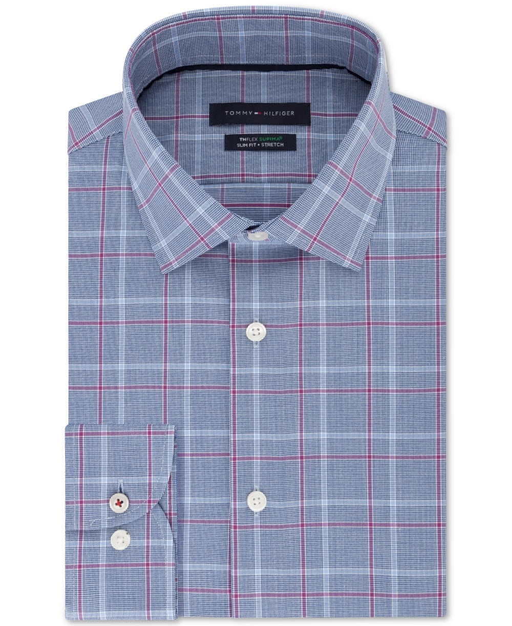 Camisa social masculina Tommy Hilfiger Slim-Fit Performance Stretch Check Roxa Tamanho 17,5x36-37