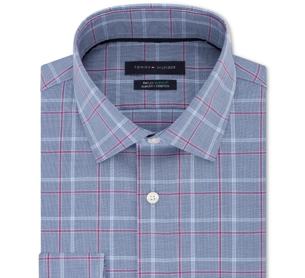 Camisa social masculina Tommy Hilfiger Slim-Fit Performance Stretch Check Roxa Tamanho 17,5x36-37