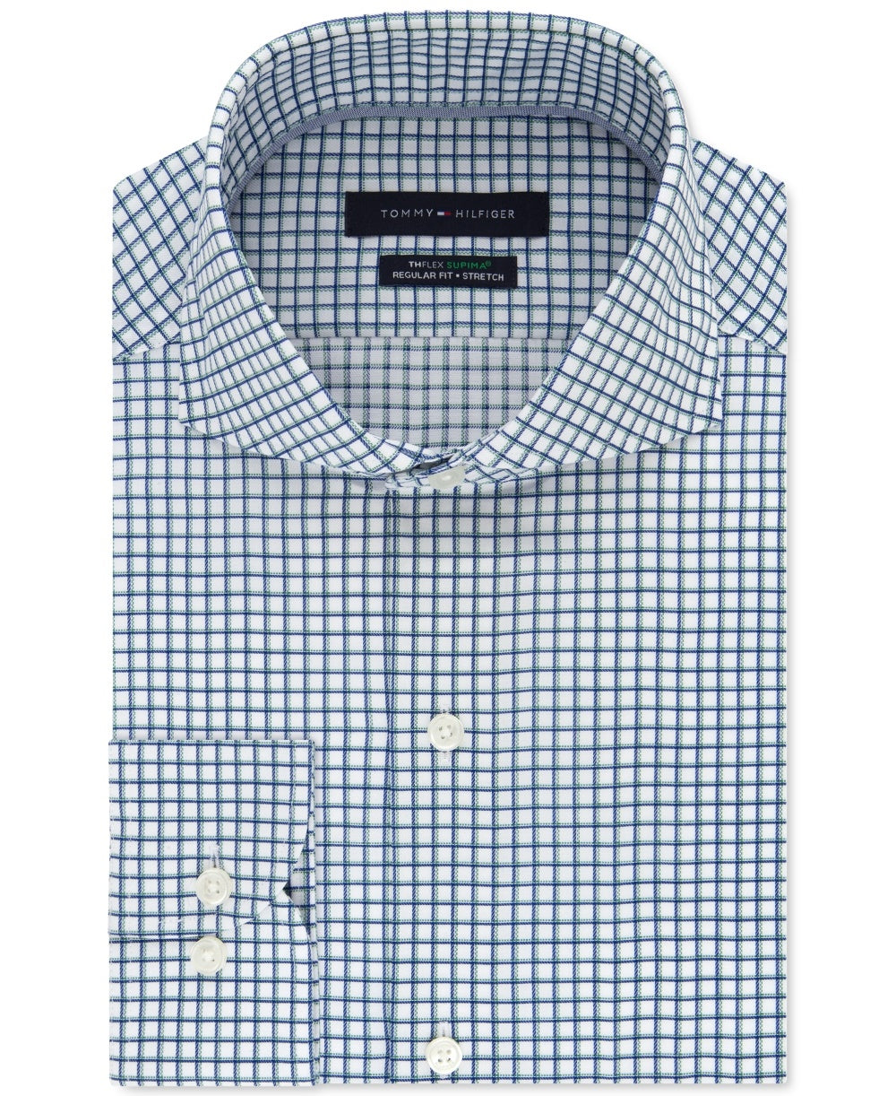 Camisa social masculina Tommy Hilfiger Classic Fit Non-Roll Thflex Supima Stretch Check, branca, tamanho 17x36-37