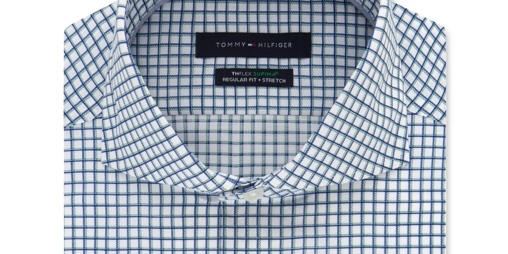 Camisa social masculina Tommy Hilfiger Classic Fit Non-Roll Thflex Supima Stretch Check, branca, tamanho 17x36-37