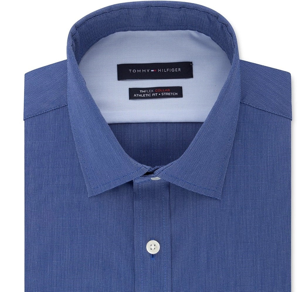Camisa social masculina Tommy Hilfiger com ajuste atlético e gola flexível, azul-marinho, tamanho 17,5 x 32-33