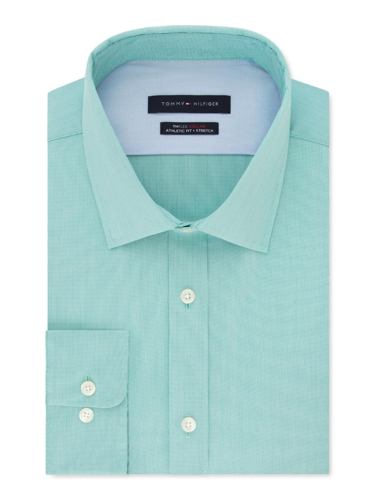 Camisa social masculina Tommy Hilfiger de algodão com gola turquesa e ajuste clássico, tamanho verde 16x34-35