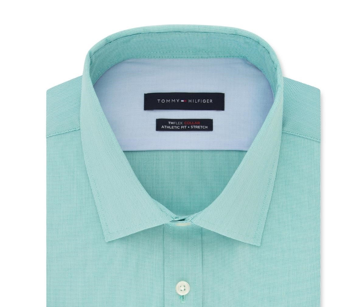 Camisa social masculina Tommy Hilfiger de algodão com gola turquesa e ajuste clássico, tamanho verde 16x34-35