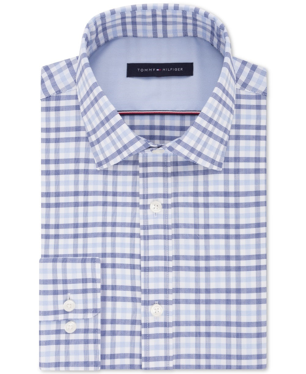 Camisa social masculina Tommy Hilfiger justa e elástica de desempenho, azul, tamanho 17,5 x 36 x 37
