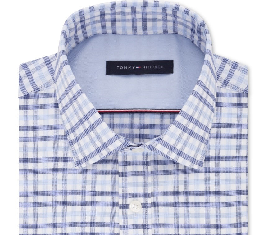 Camisa social masculina Tommy Hilfiger justa e elástica de desempenho, azul, tamanho 17,5 x 36 x 37