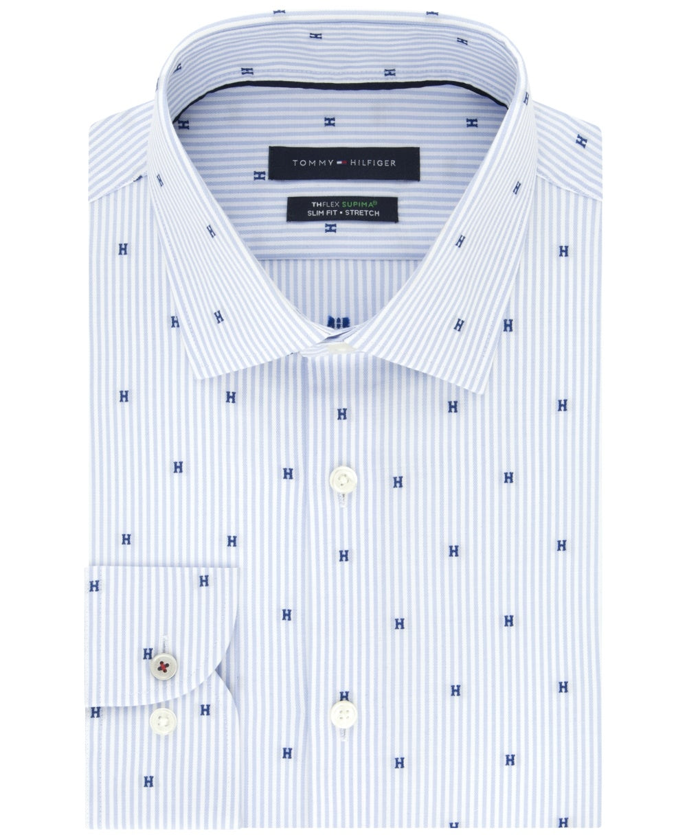 Camisa social masculina Tommy Hilfiger Slim-Fit Performance Stretch com estampa de bolinhas, azul, tamanho 17x32-33