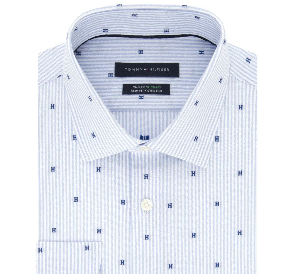Camisa social masculina Tommy Hilfiger Slim-Fit Performance Stretch com estampa de bolinhas, azul, tamanho 17x32-33