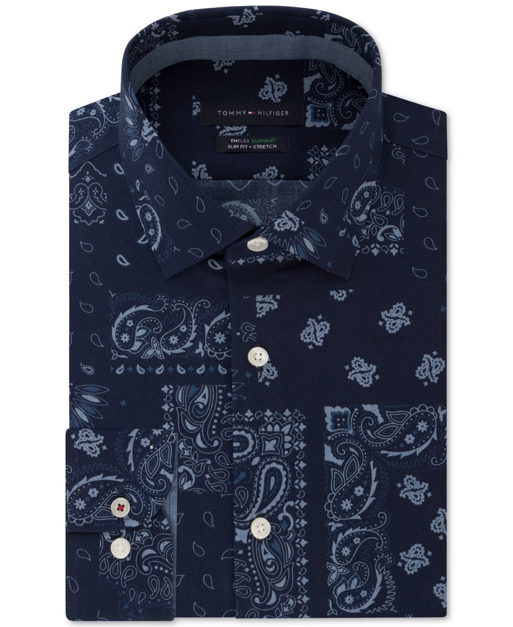 Camisa social masculina Tommy Hilfiger Slim-Fit, sem necessidade de passar, Thflex Supima Performance Stretch, estampa Paisley, azul, tamanho 17x34-35