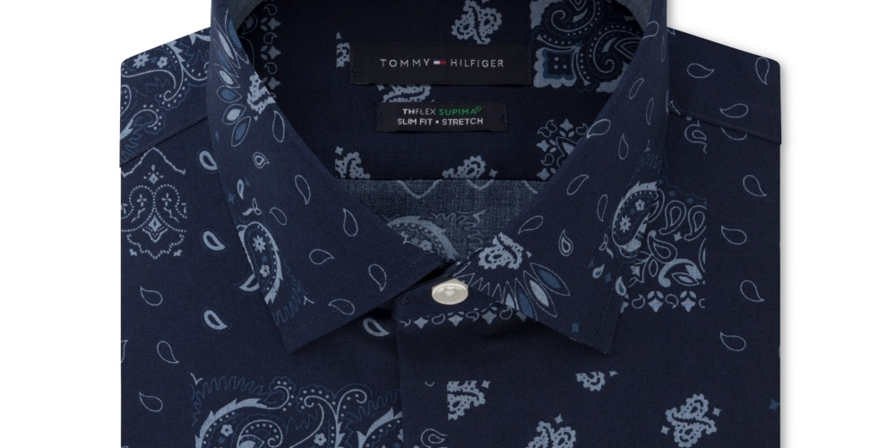 Camisa social masculina Tommy Hilfiger Slim-Fit, sem necessidade de passar, Thflex Supima Performance Stretch, estampa Paisley, azul, tamanho 17x34-35