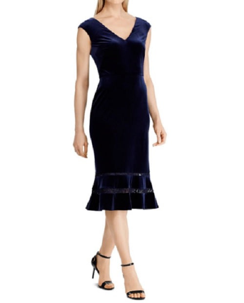 Vestido Ralph Lauren Feminino de Veludo com Renda e Canelado, Azul Marinho, Tamanho 16