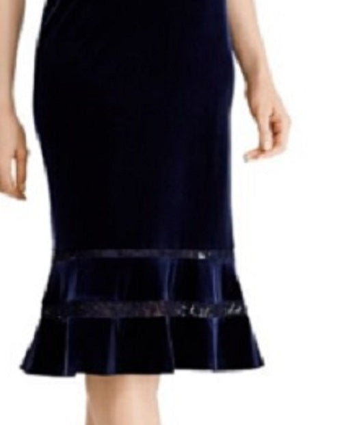 Vestido Ralph Lauren Feminino de Veludo com Renda e Canelado, Azul Marinho, Tamanho 16