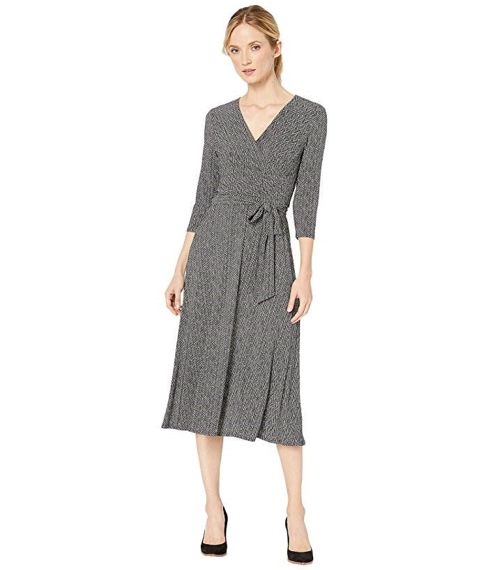 Vestido de festa feminino Ralph Lauren com decote em V, manga 3/4, estilo espinha de peixe, preto, tamanho 6