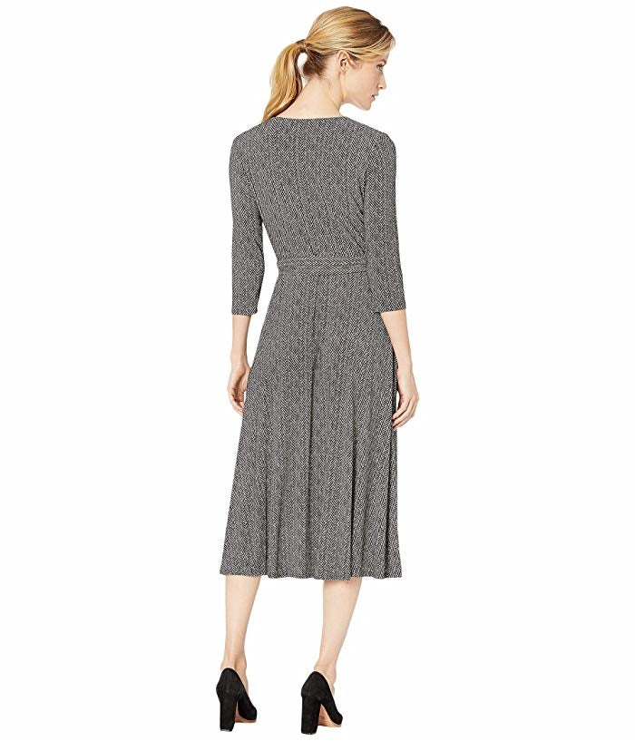 Vestido de festa feminino Ralph Lauren com decote em V, manga 3/4, estilo espinha de peixe, preto, tamanho 6