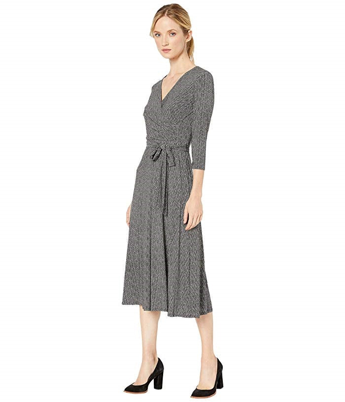 Vestido de festa feminino Ralph Lauren com decote em V, manga 3/4, estilo espinha de peixe, preto, tamanho 6