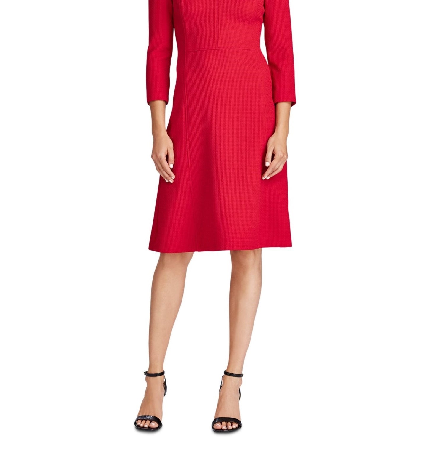 Vestido de festa feminino Ralph Lauren vermelho texturizado com manga 3/4, decote em V acima do joelho, tamanho 12