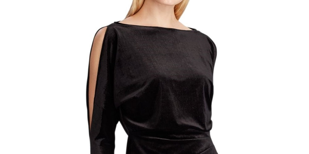 Vestido de festa feminino Ralph Lauren com glitter, manga comprida, decote em joia, comprimento até o joelho, preto, tamanho 12