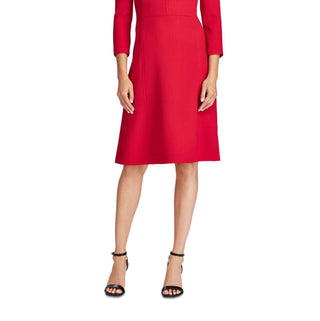 Vestido de coquetel Ralph Lauren feminino com zíper, manga 3/4, decote em V acima do joelho, ajuste evasê, vermelho, tamanho 4P