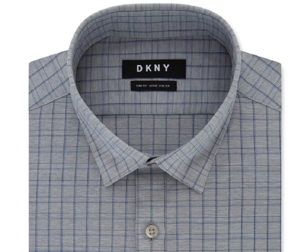 Camisa social masculina DKNY Slim-Fit Performance Active Stretch Check Azul Tamanho 18X34-35