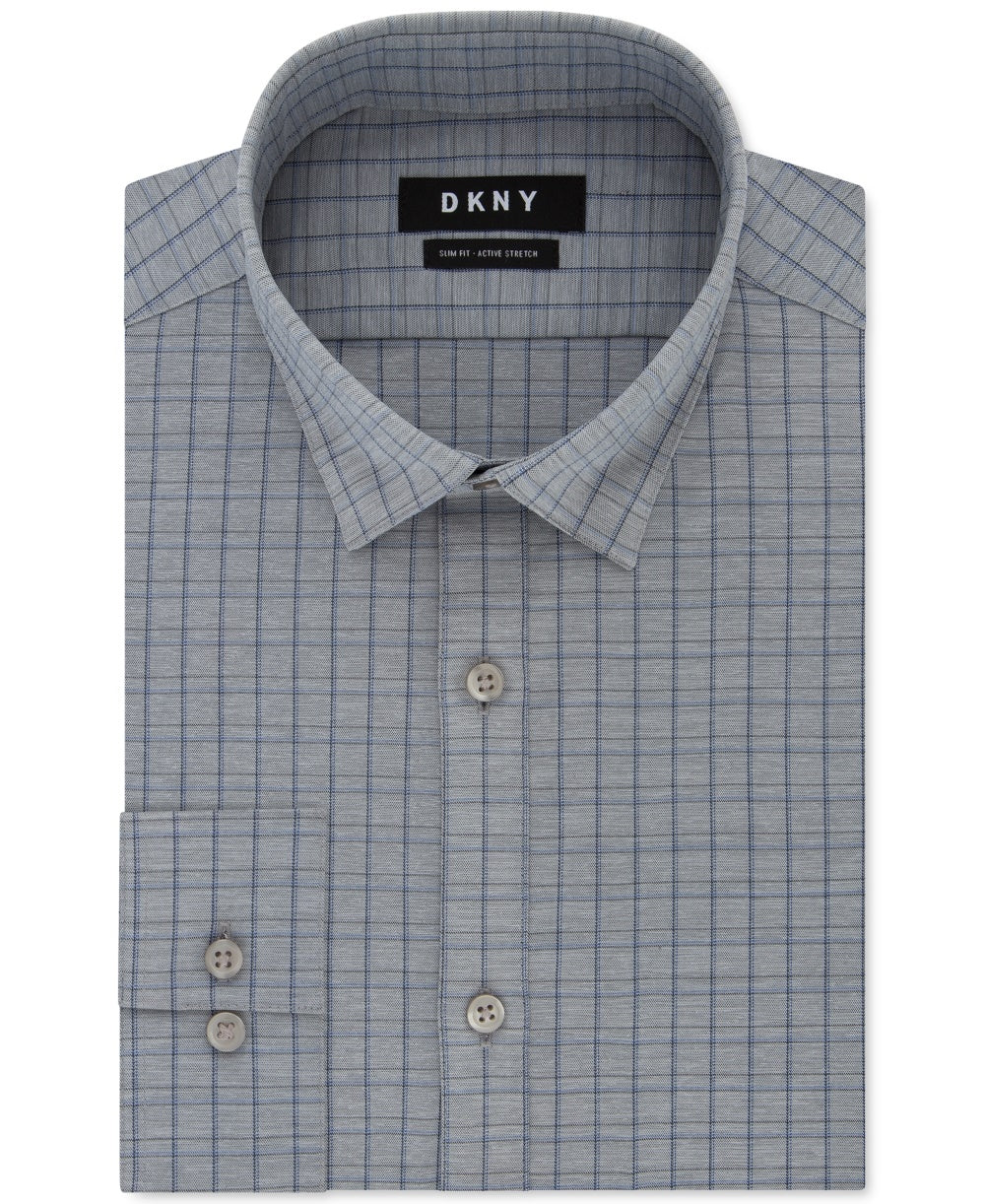 Camisa social masculina DKNY Windowpane xadrez com gola slim fit e absorção de umidade, cinza, tamanho 15x34-35