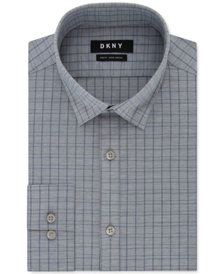 DKNY Men's Windowpane Plaid Collared Slim Fit Moisture Wicking Dress Shirt Gray  Size 15X34-35