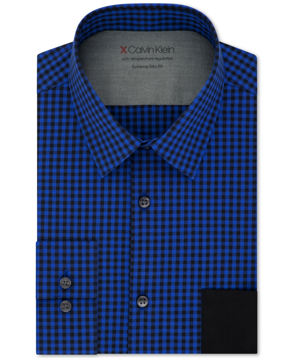 Camisa social masculina Calvin Klein Extra Slim Fit Performance Stretch com regulagem de temperatura e xadrez, tamanho 34x35, azul