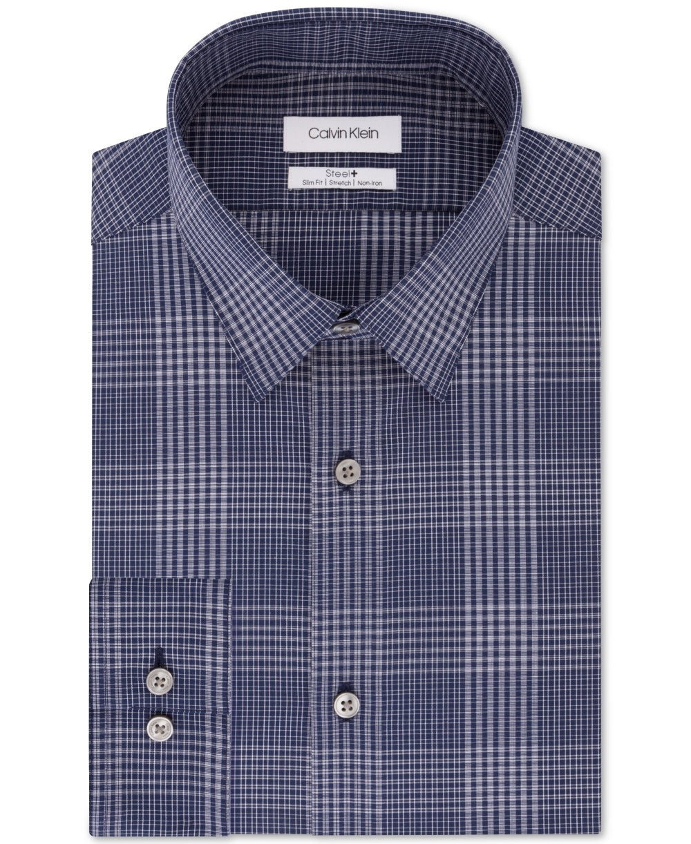 Camisa social masculina Calvin Klein Steel Slim Fit Stretch Azul Tamanho 17,5 x 32 x 33