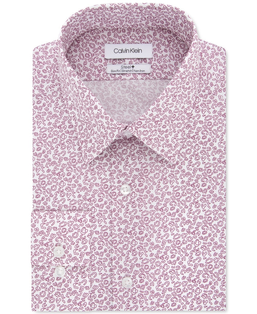 Camisa social masculina Calvin Klein Slim Fit, sem passar a ferro, com estampa abstrata elástica, vermelha, tamanho 17x34-35