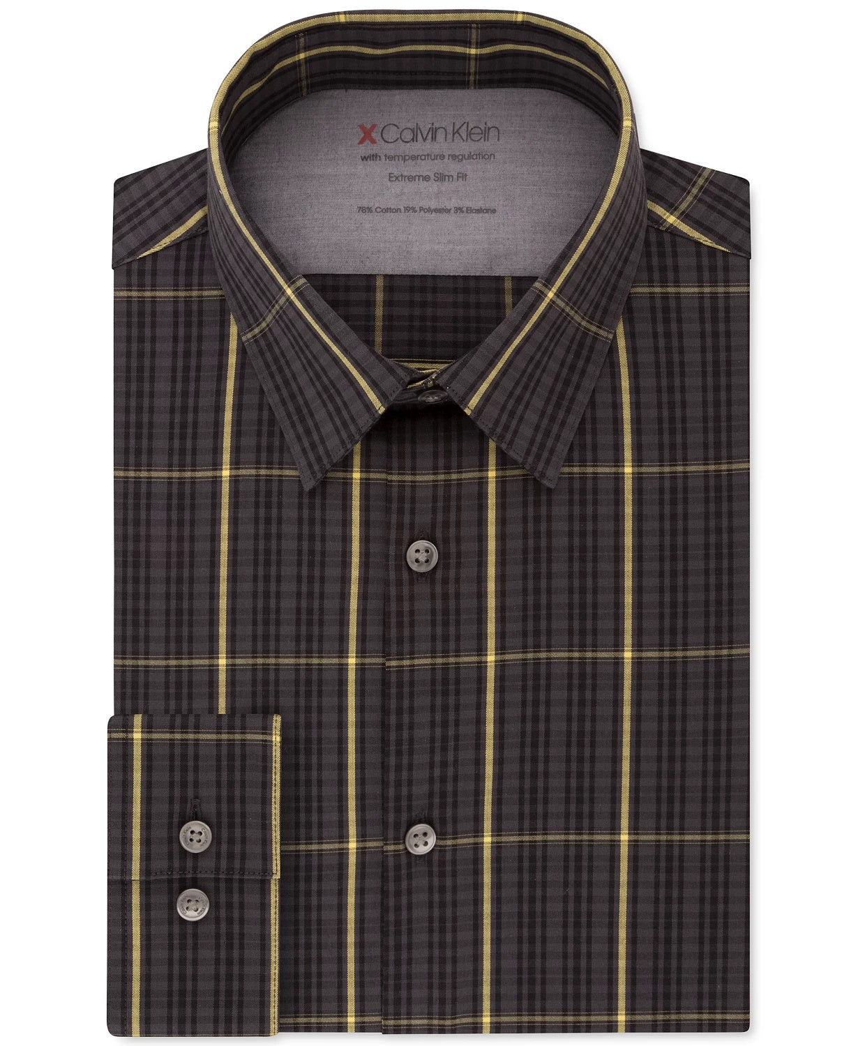 Camisa social Calvin Klein masculina com estampa xadrez e gola slim fit, cinza, tamanho 14x32-33