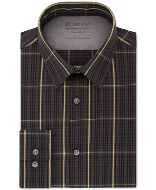 Camisa social Calvin Klein masculina com estampa xadrez e gola slim fit, cinza, tamanho 14x32-33