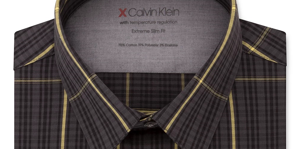 Camisa social Calvin Klein masculina com estampa xadrez e gola slim fit, cinza, tamanho 14x32-33
