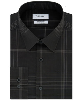 Camisa social masculina Calvin Klein Infinite Slim Fit, xadrez, elástica, sem passar, cinza, tamanho 15,5 x 32 x 33