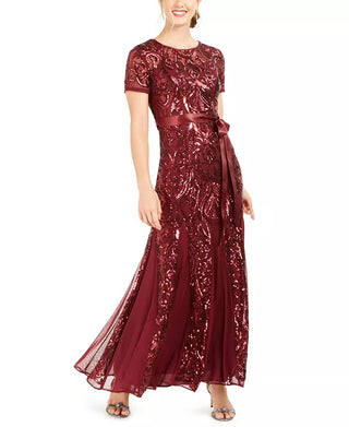 Vestido de festa feminino R &amp; M Richards Petite Embellished Illusion, tamanho 14P, vinho