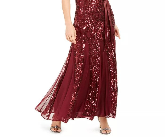 Vestido de festa feminino R &amp; M Richards Petite Embellished Illusion, tamanho 14P, vinho