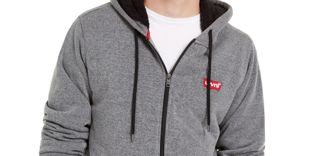Moletom com capuz Levi's masculino com forro de lã e zíper frontal, cinza, tamanho pequeno
