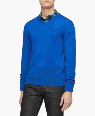 Suéter Calvin Klein Masculino de Lã Merino com Gola V Azul Tamanho X-G