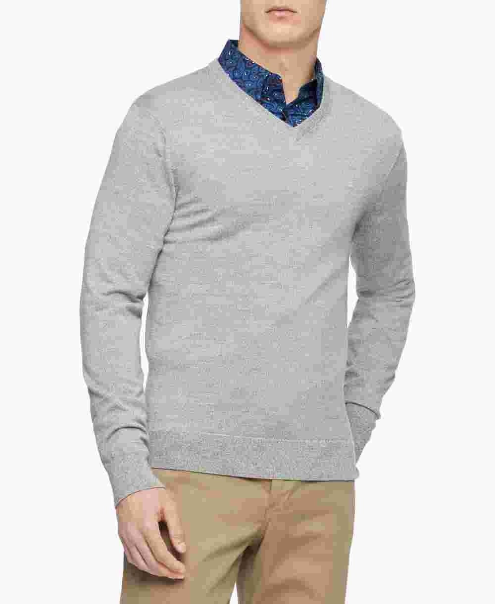 Suéter Calvin Klein Masculino de Lã Merino com Gola V Cinza Tamanho XXG