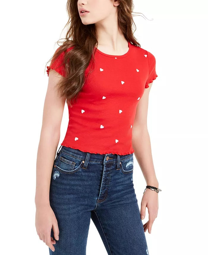 Camiseta Love Tribe Junior com estampa de coração e borda de alface, vermelha, tamanho X-S