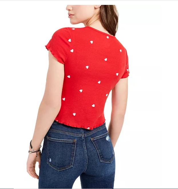 Camiseta Love Tribe Junior com estampa de coração e borda de alface, vermelha, tamanho X-S