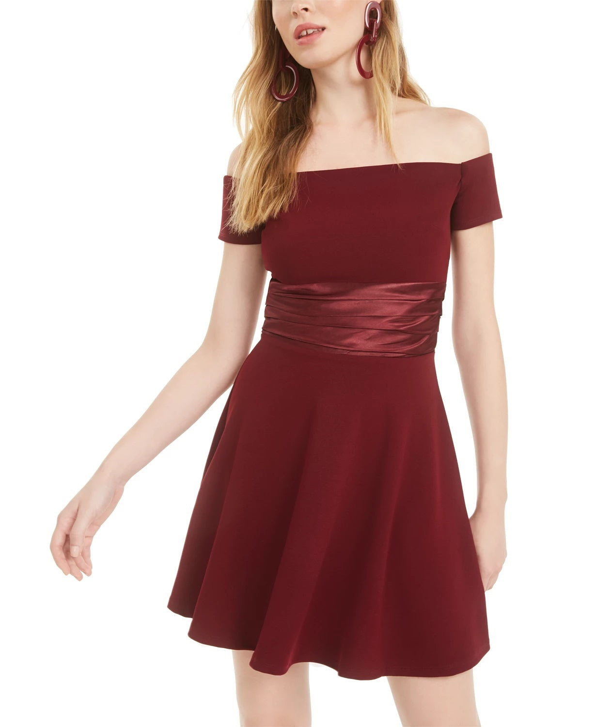 Vestido de coquetel curto evasê feminino B Darlin, manga curta, ombro de fora, tamanho 0, vinho