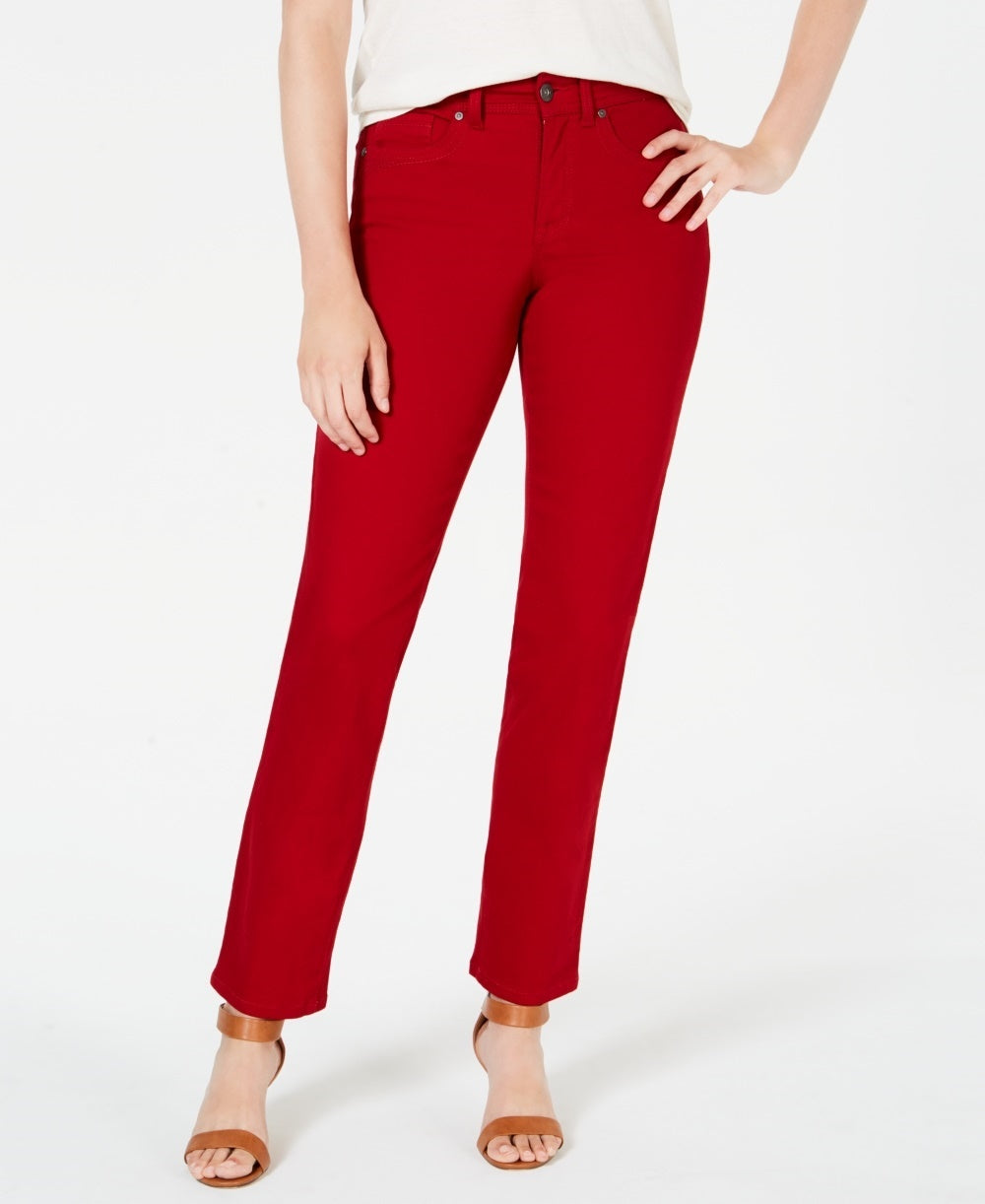 Jeans feminino estilo &amp; co com controle de barriga e perna reta, vermelho, tamanho 4