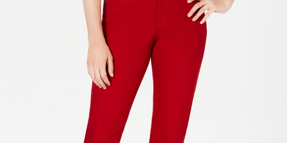 Jeans feminino estilo &amp; co com controle de barriga e perna reta, vermelho, tamanho 4
