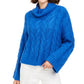 Suéter feminino Sun + Moon de malha com gola alta e cabo, tamanho pequeno, azul