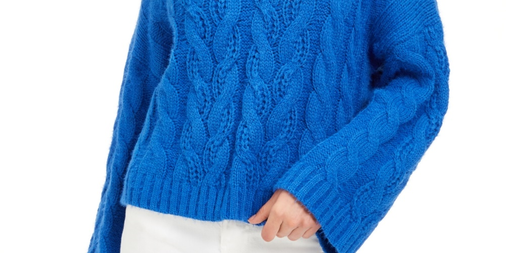 Suéter feminino Sun + Moon de malha com gola alta e cabo, tamanho pequeno, azul