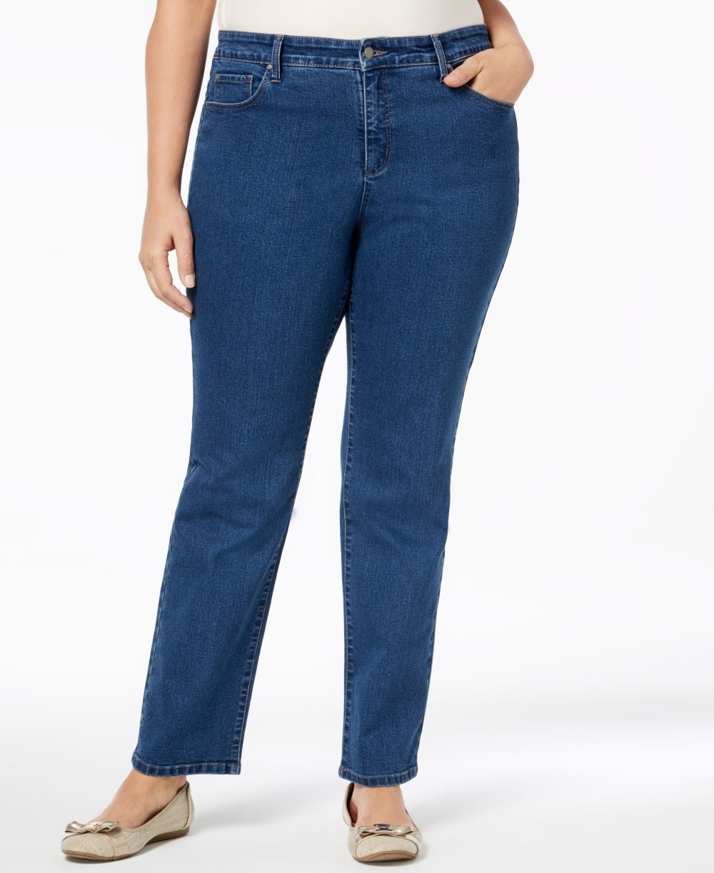 Calça jeans feminina plus size e petite plus size Lexington Tummy-Control com perna reta, tamanho 24W, azul