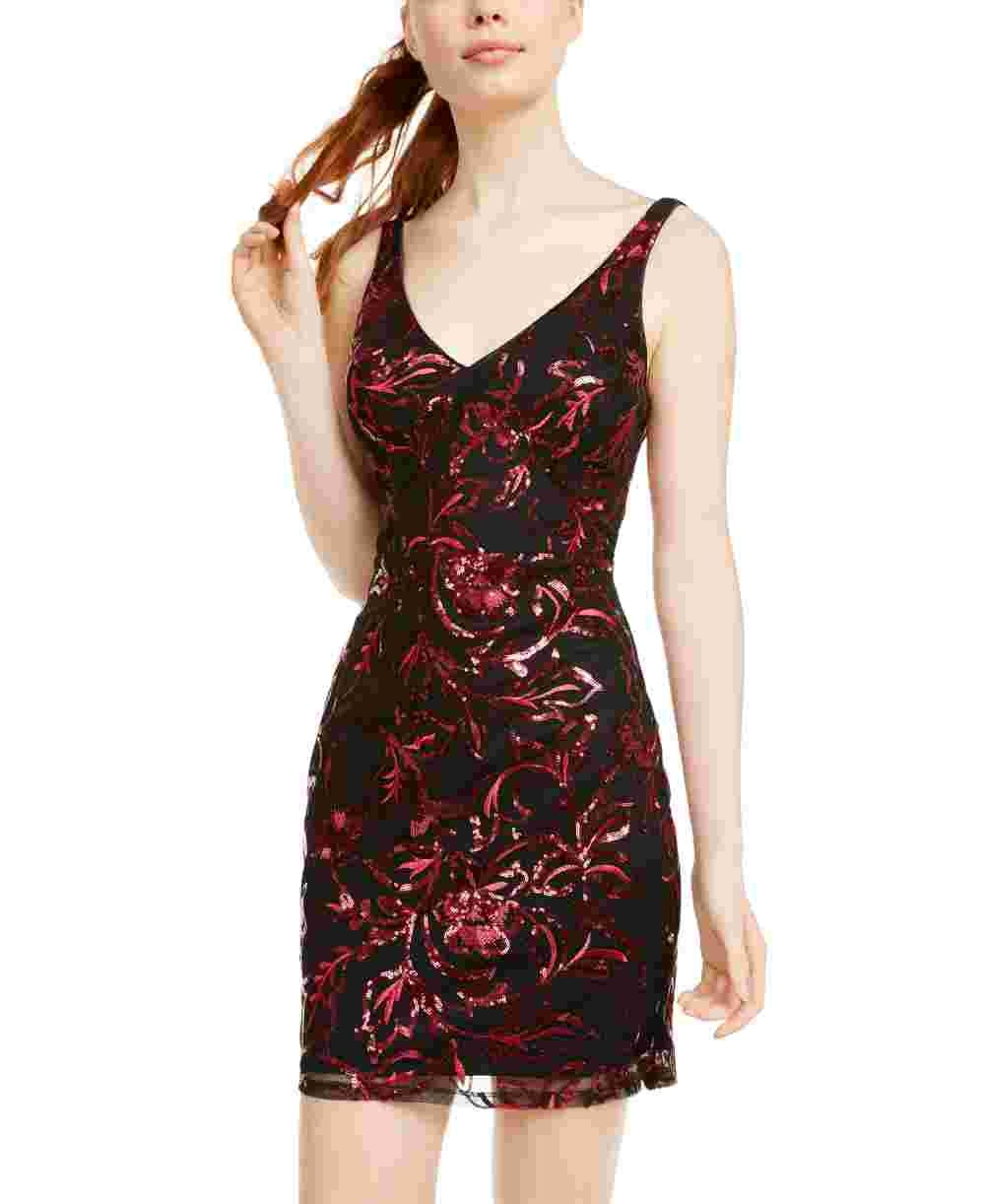 Vestido de coquetel curto com estampa de lantejoulas e decote em V, sem mangas, preto e vermelho, tamanho 7, para mulheres
