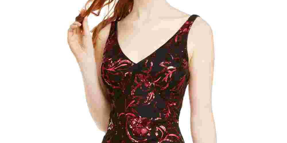 Vestido de coquetel curto com estampa de lantejoulas e decote em V, sem mangas, preto e vermelho, tamanho 7, para mulheres