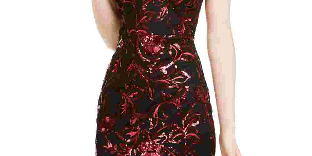 Vestido de coquetel curto com estampa de lantejoulas e decote em V, sem mangas, preto e vermelho, tamanho 7, para mulheres